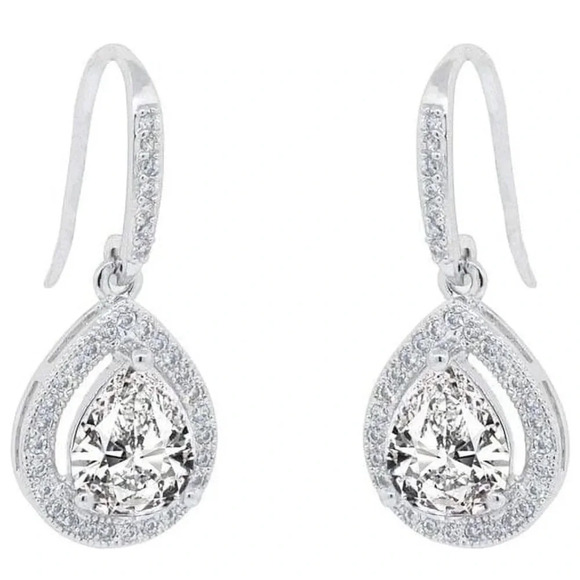 Cate & Chloe Isabel 18k White Gold Plated Halo Design Silver Teardrop Earrings - Picture 4 of 6